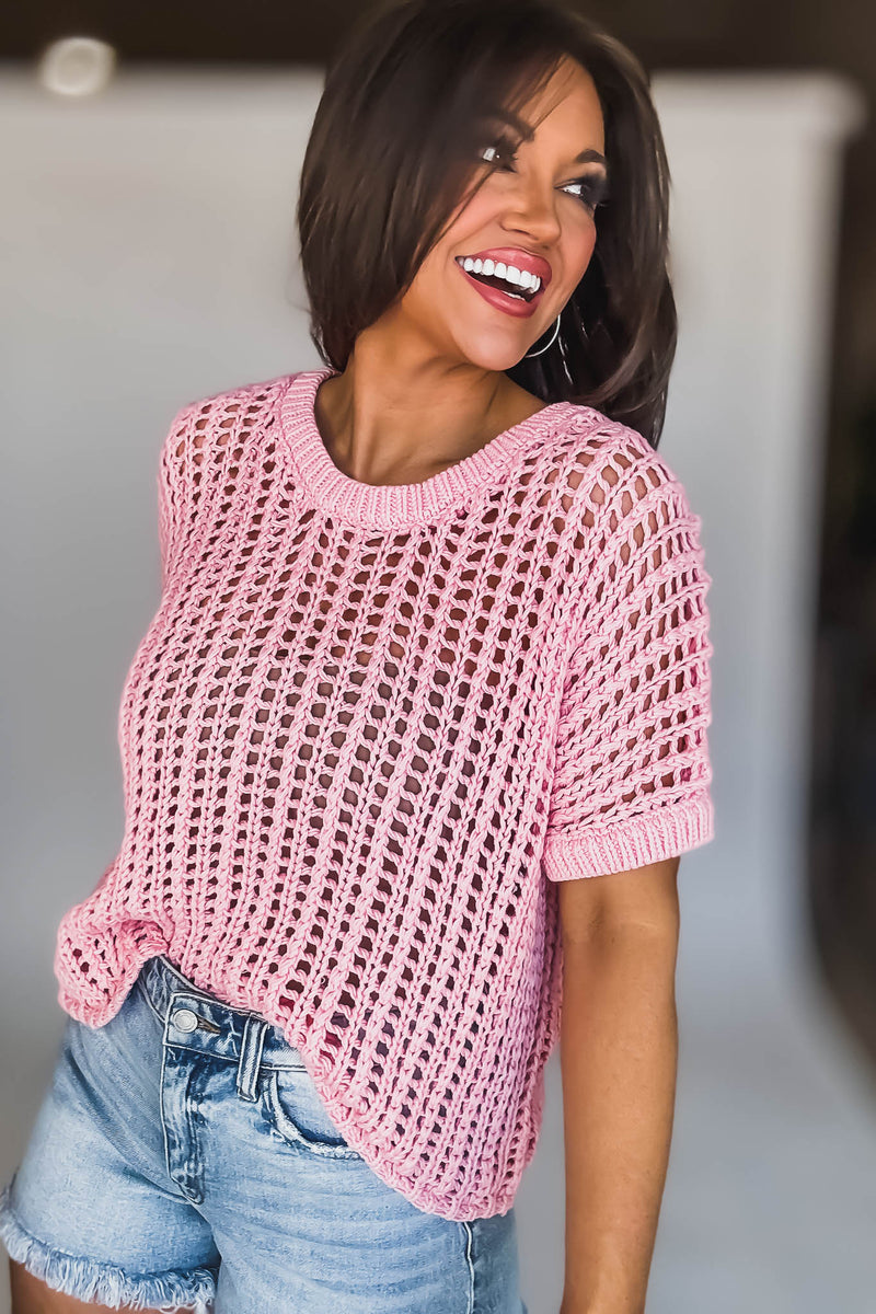 Fun In The Sun Pink Open Crochet Sweater
