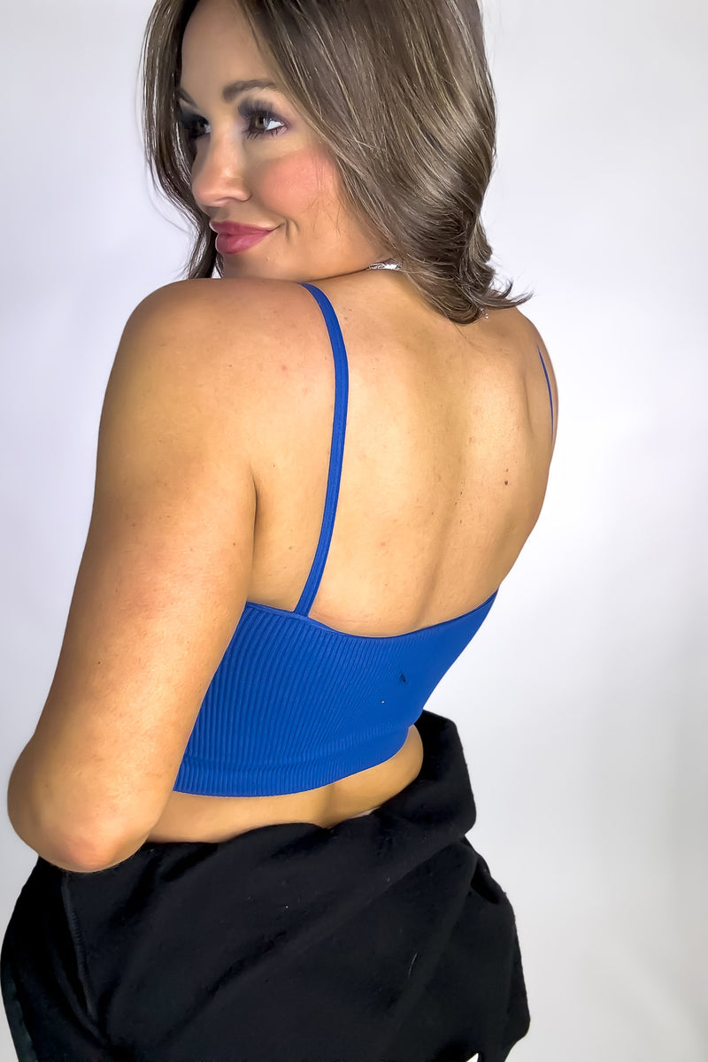 SR Classic Blue Ribbed Seamless Cropped Cami With Bra Pads