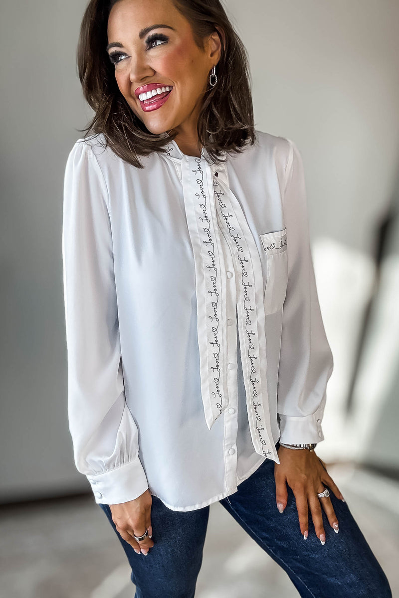 Long Sleeve Lettering Bow Tie Detail Top