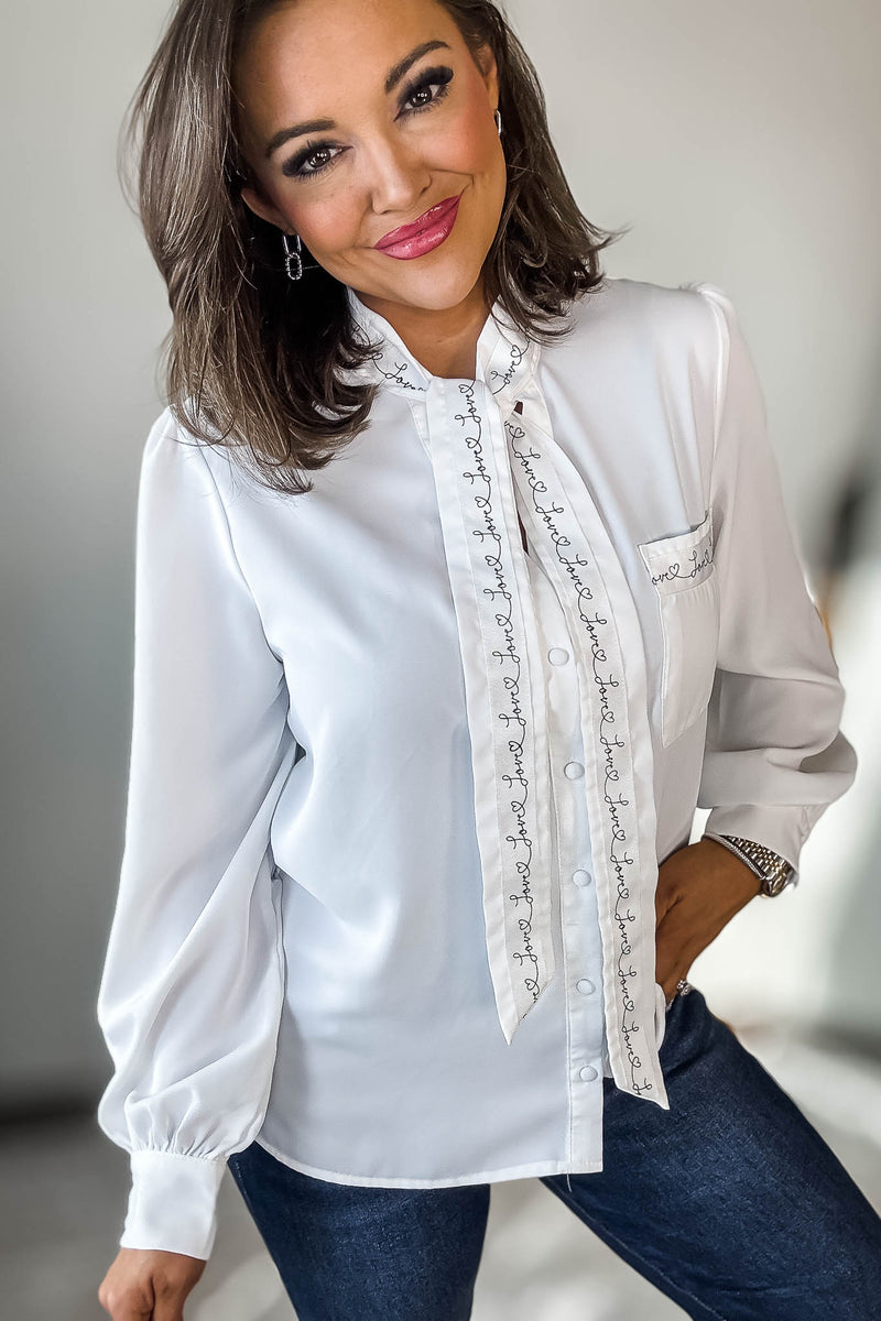 Long Sleeve Lettering Bow Tie Detail Top