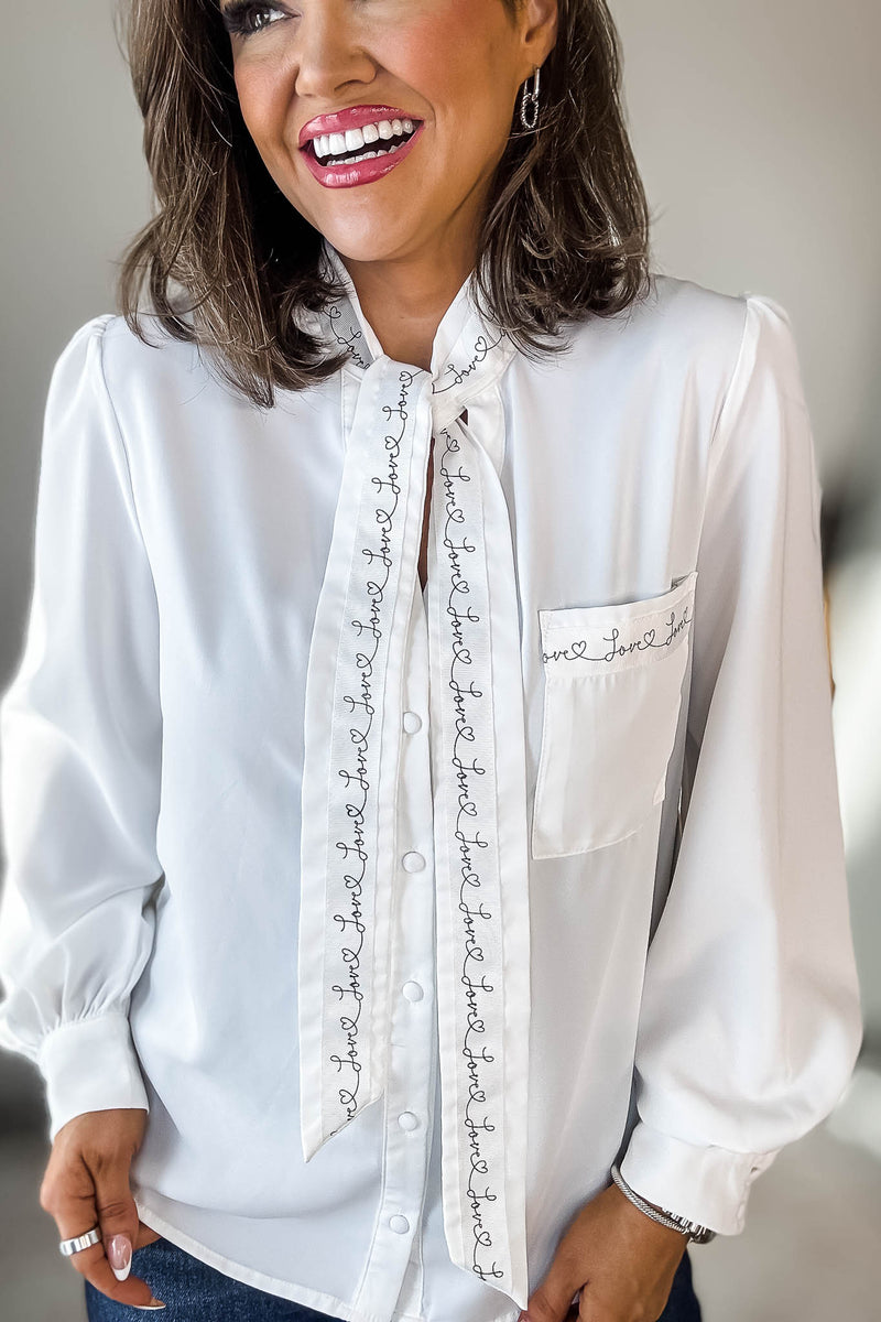 Long Sleeve Lettering Bow Tie Detail Top