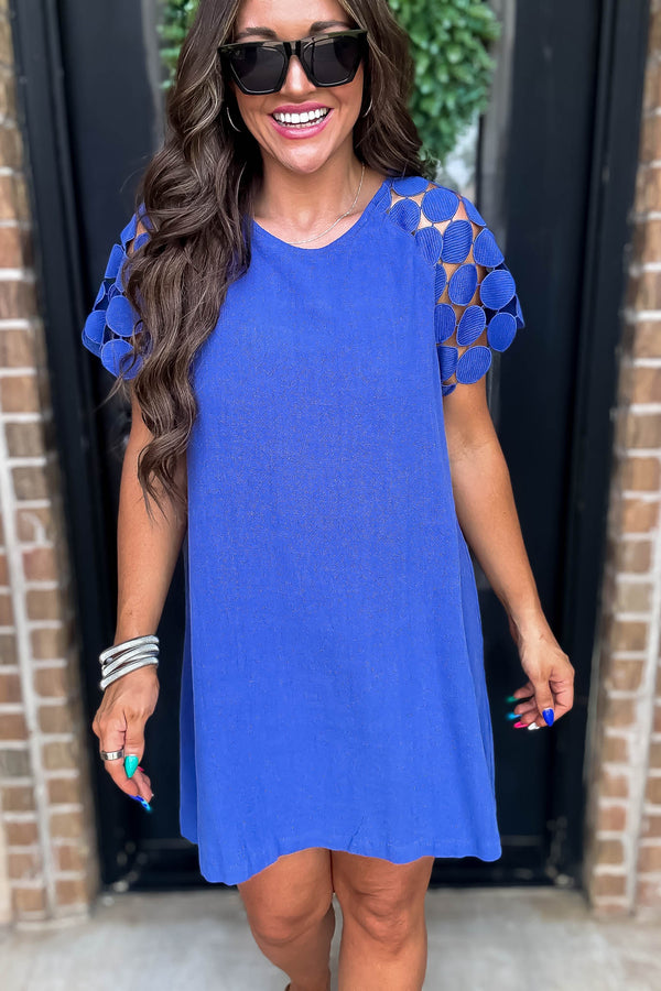 Sapphire Round Neck Mini Dress with Textured Lace Fabric Raglan Sleeve