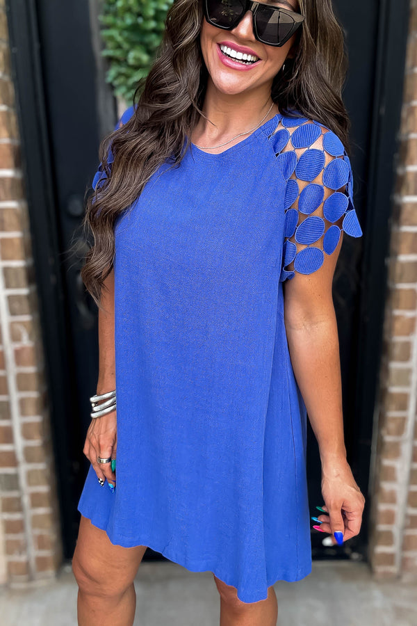 Sapphire Round Neck Mini Dress with Textured Lace Fabric Raglan Sleeve