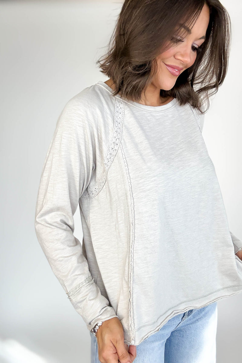 Grey Lace Inset Raglan Long Sleeve Top