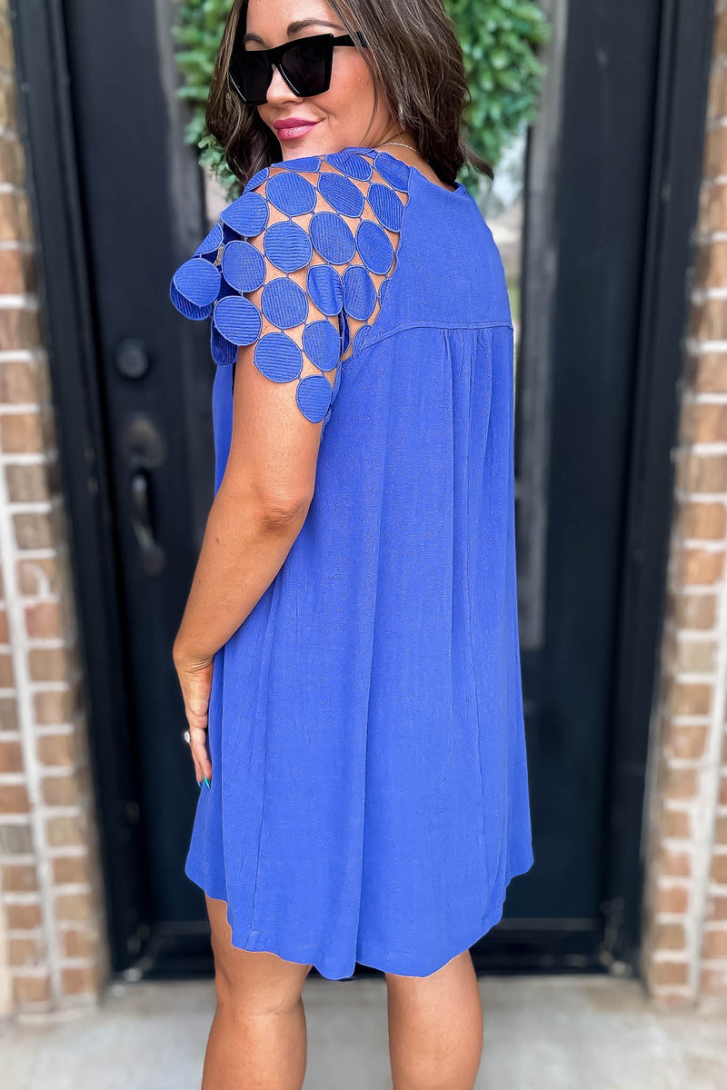 Sapphire Round Neck Mini Dress with Textured Lace Fabric Raglan Sleeve