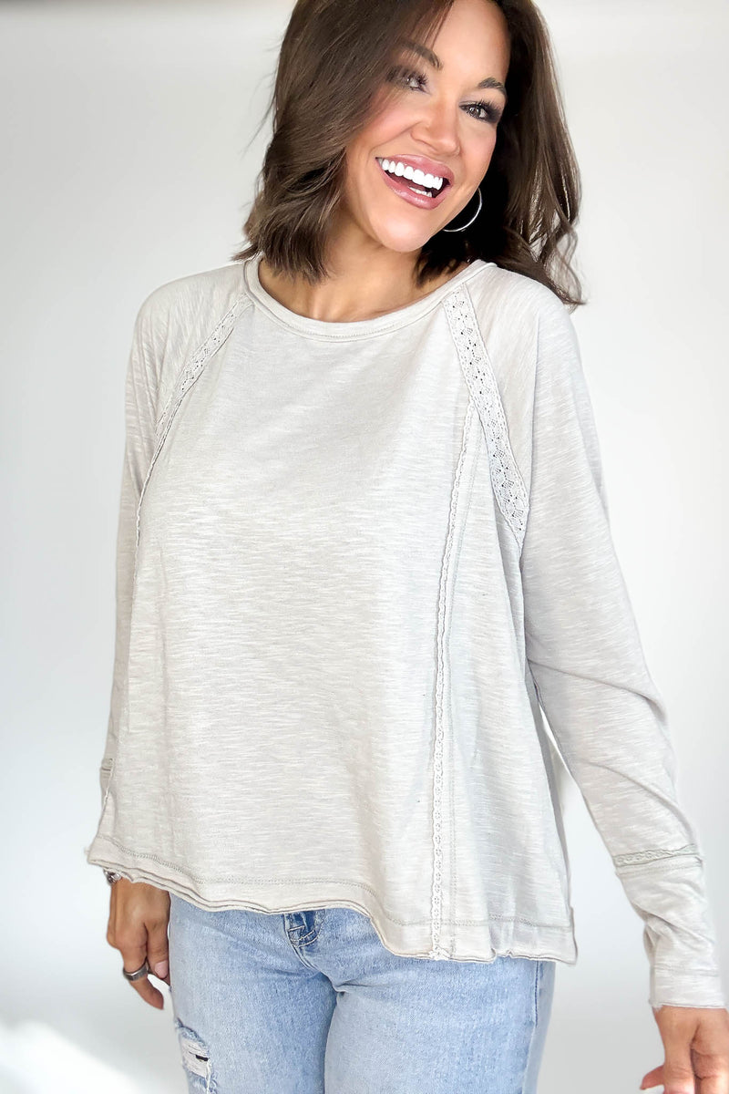 Grey Lace Inset Raglan Long Sleeve Top