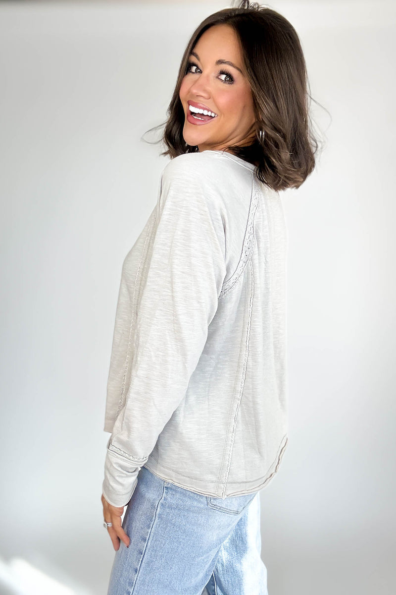 Grey Lace Inset Raglan Long Sleeve Top