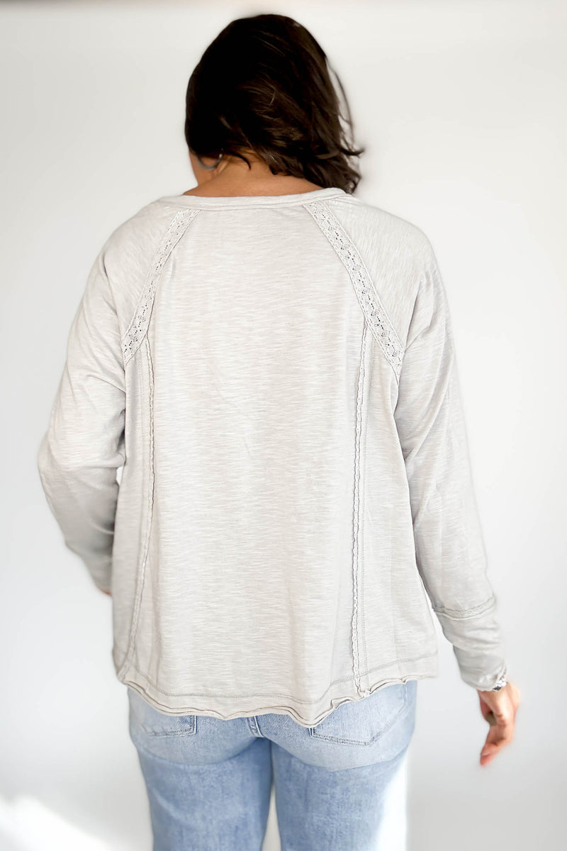 Grey Lace Inset Raglan Long Sleeve Top