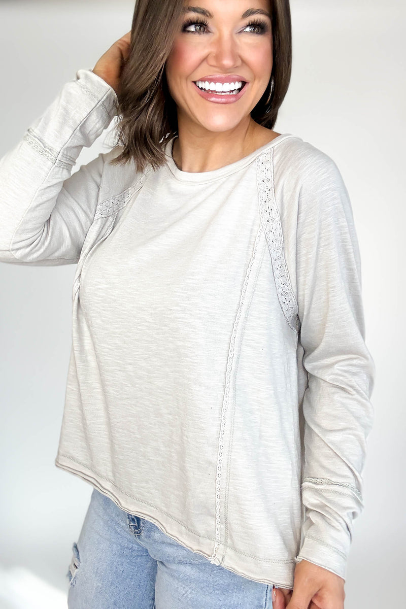 Grey Lace Inset Raglan Long Sleeve Top