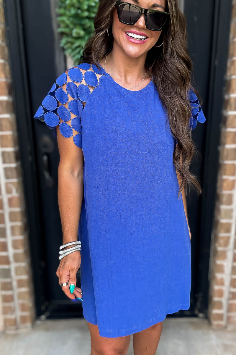 Sapphire Round Neck Mini Dress with Textured Lace Fabric Raglan Sleeve