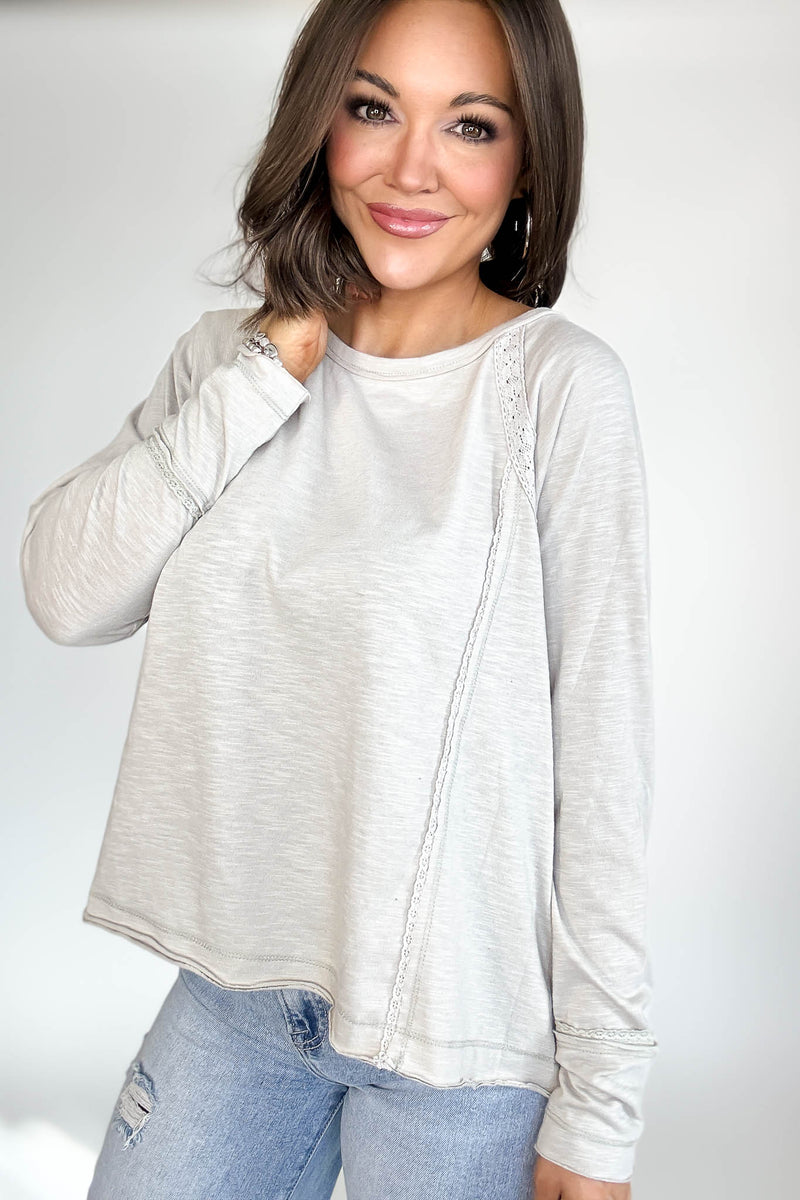 Grey Lace Inset Raglan Long Sleeve Top