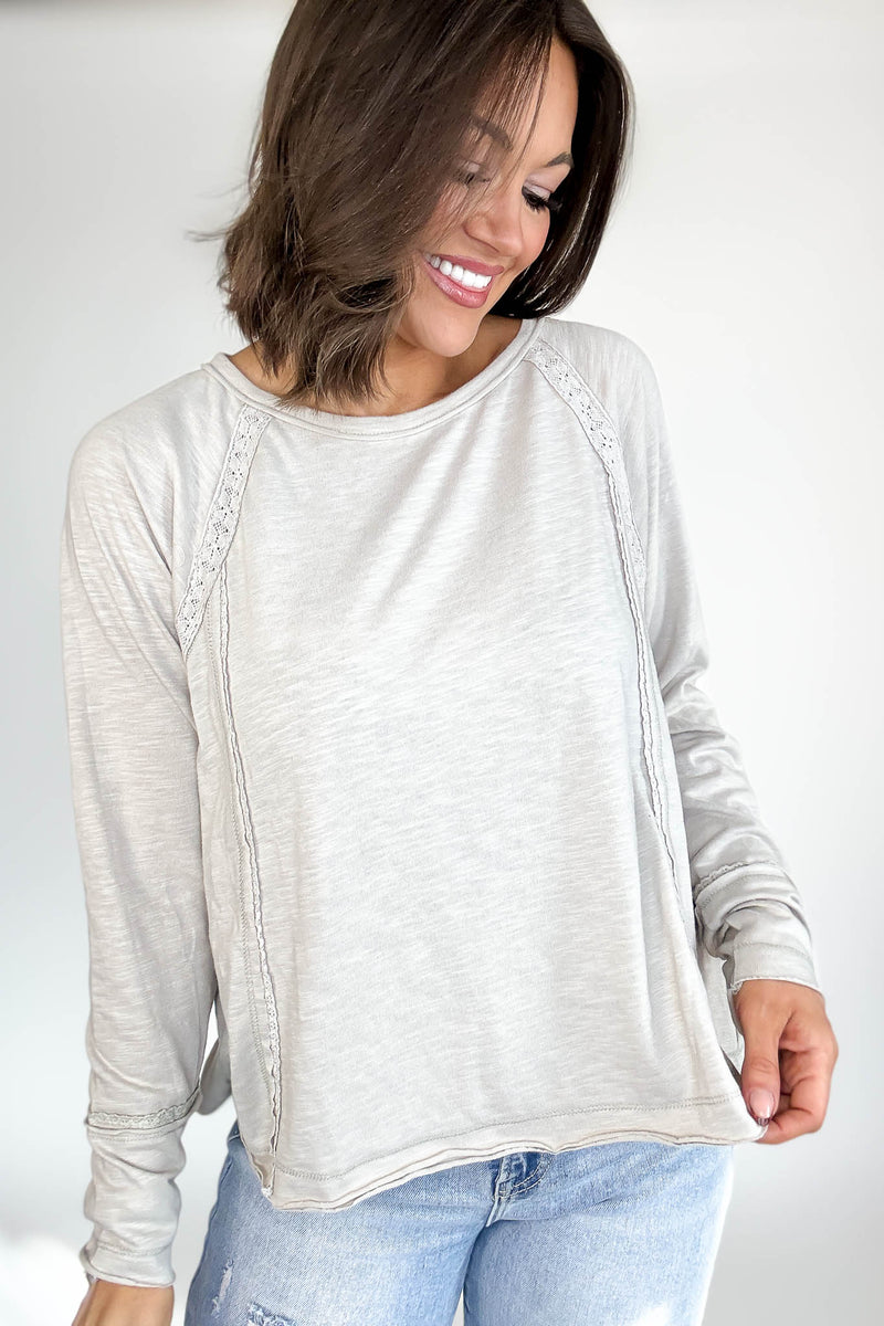 Grey Lace Inset Raglan Long Sleeve Top