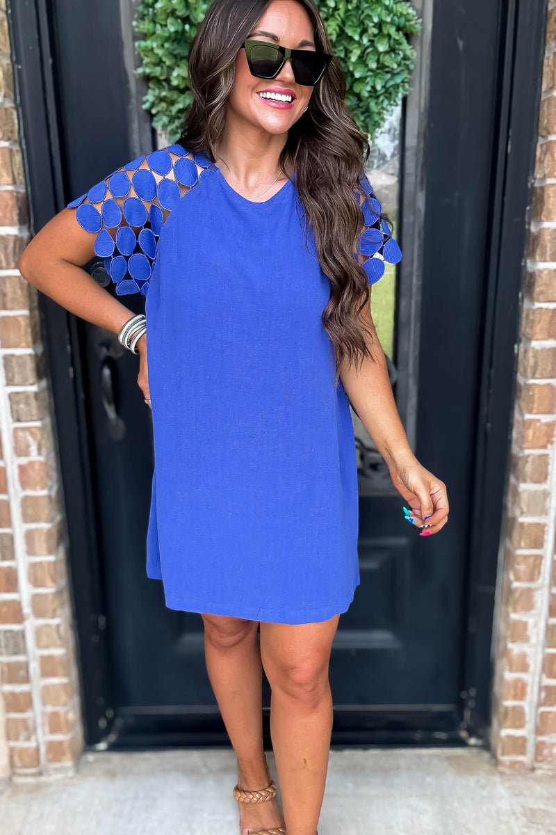 Sapphire Round Neck Mini Dress with Textured Lace Fabric Raglan Sleeve