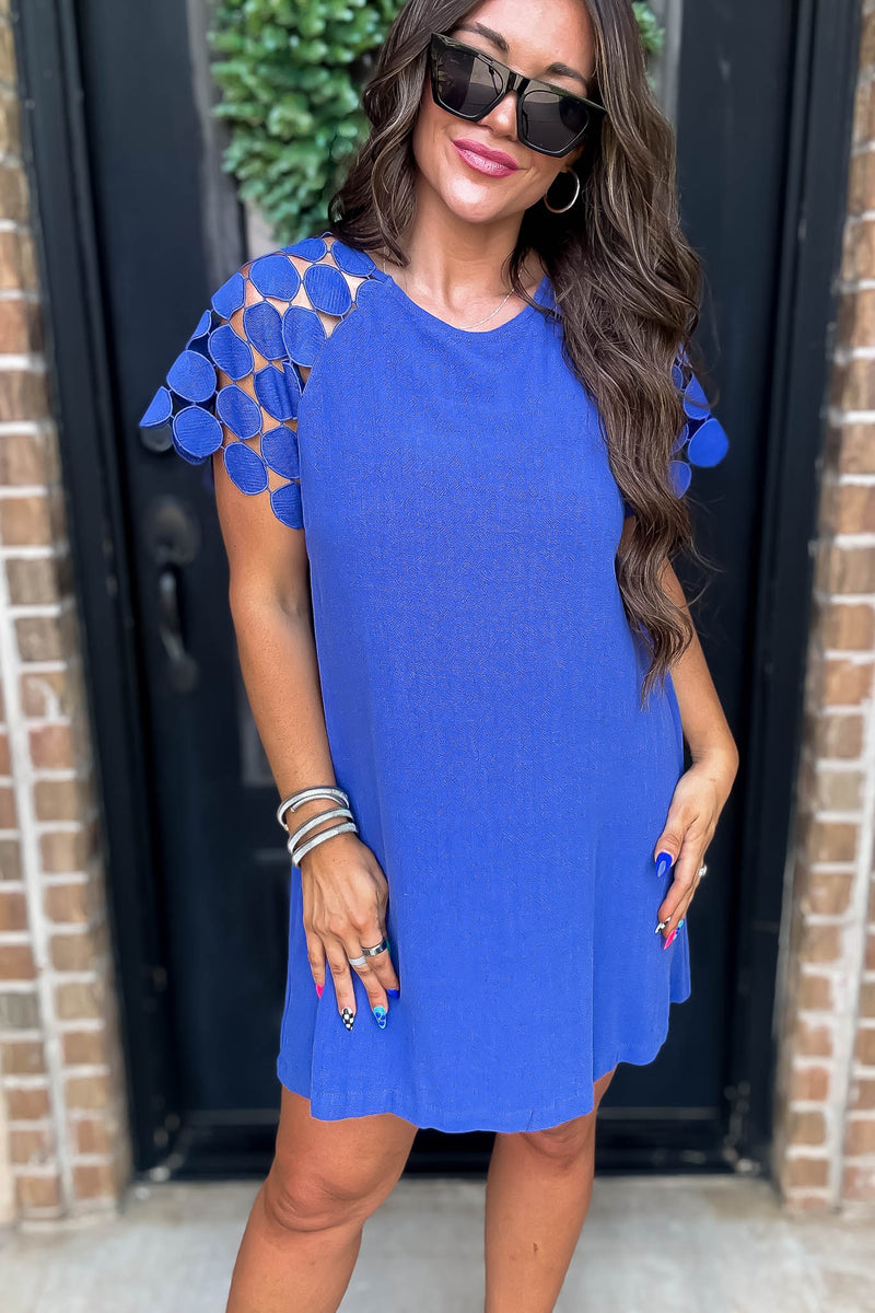 Sapphire Round Neck Mini Dress with Textured Lace Fabric Raglan Sleeve