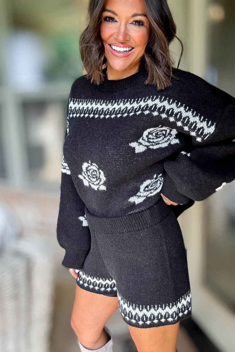 Le Lis Black Floral Mid-rise Sweater Shorts
