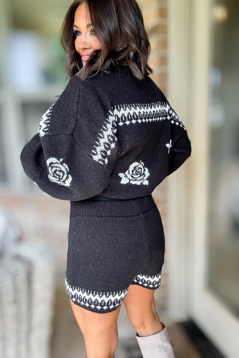 Le Lis Black Floral Mid-rise Sweater Shorts