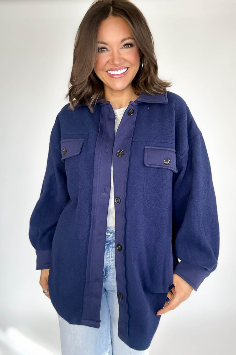 Navy Garment Washed Fleece Shacket