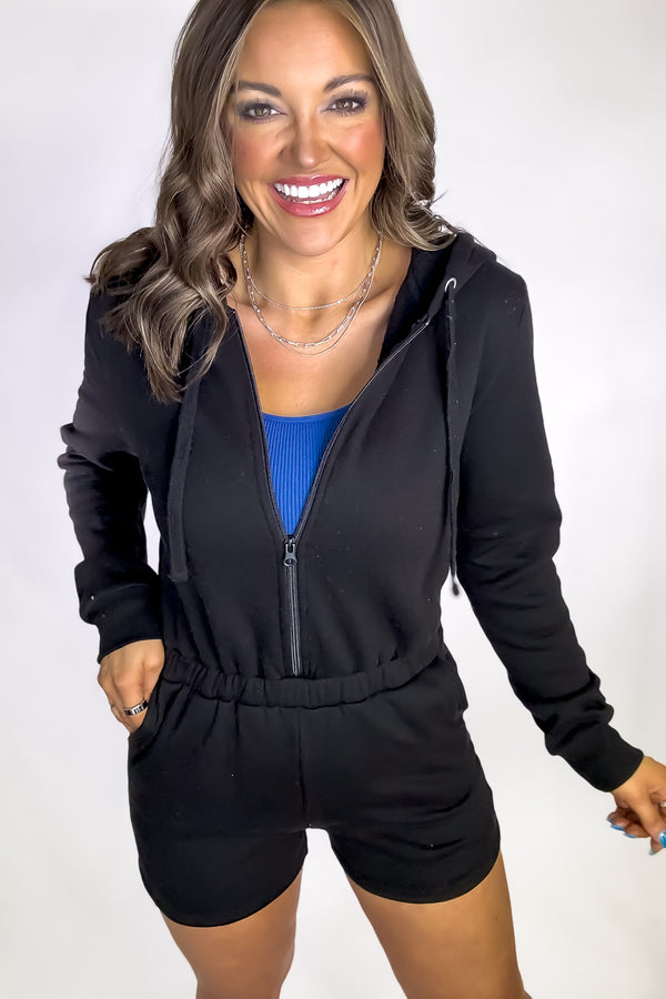 Unforgettable Black Zip Up Fleece Hoodie Romper