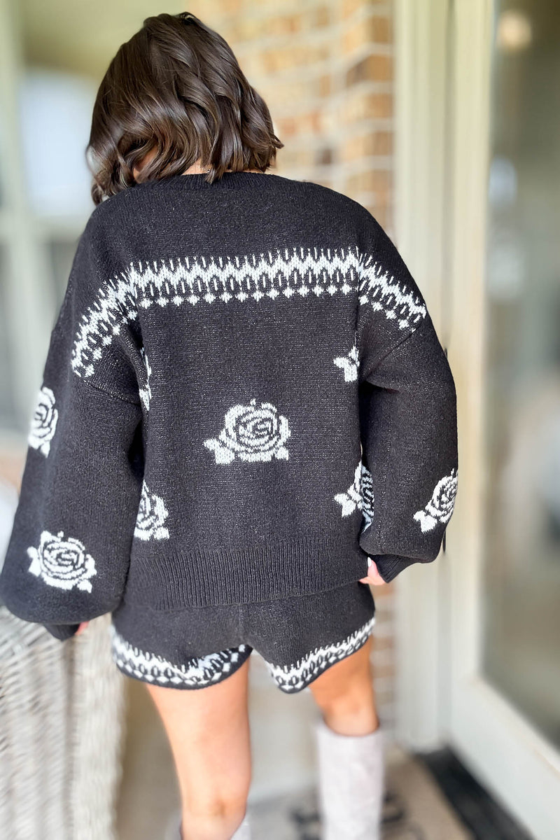 Le Lis Black Floral Mid-rise Sweater Shorts