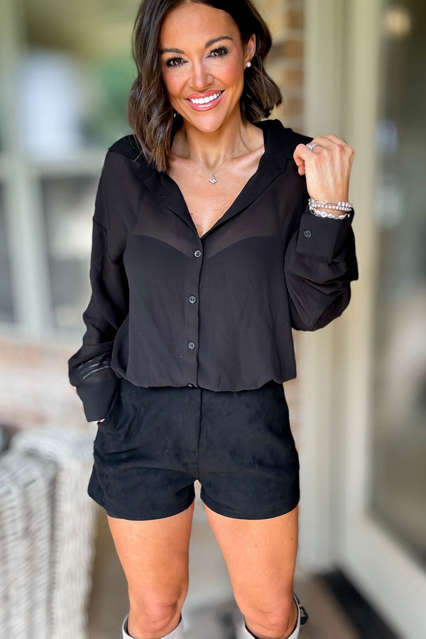 Le Lis Black Collared Drop Waist Detail Shirt Romper
