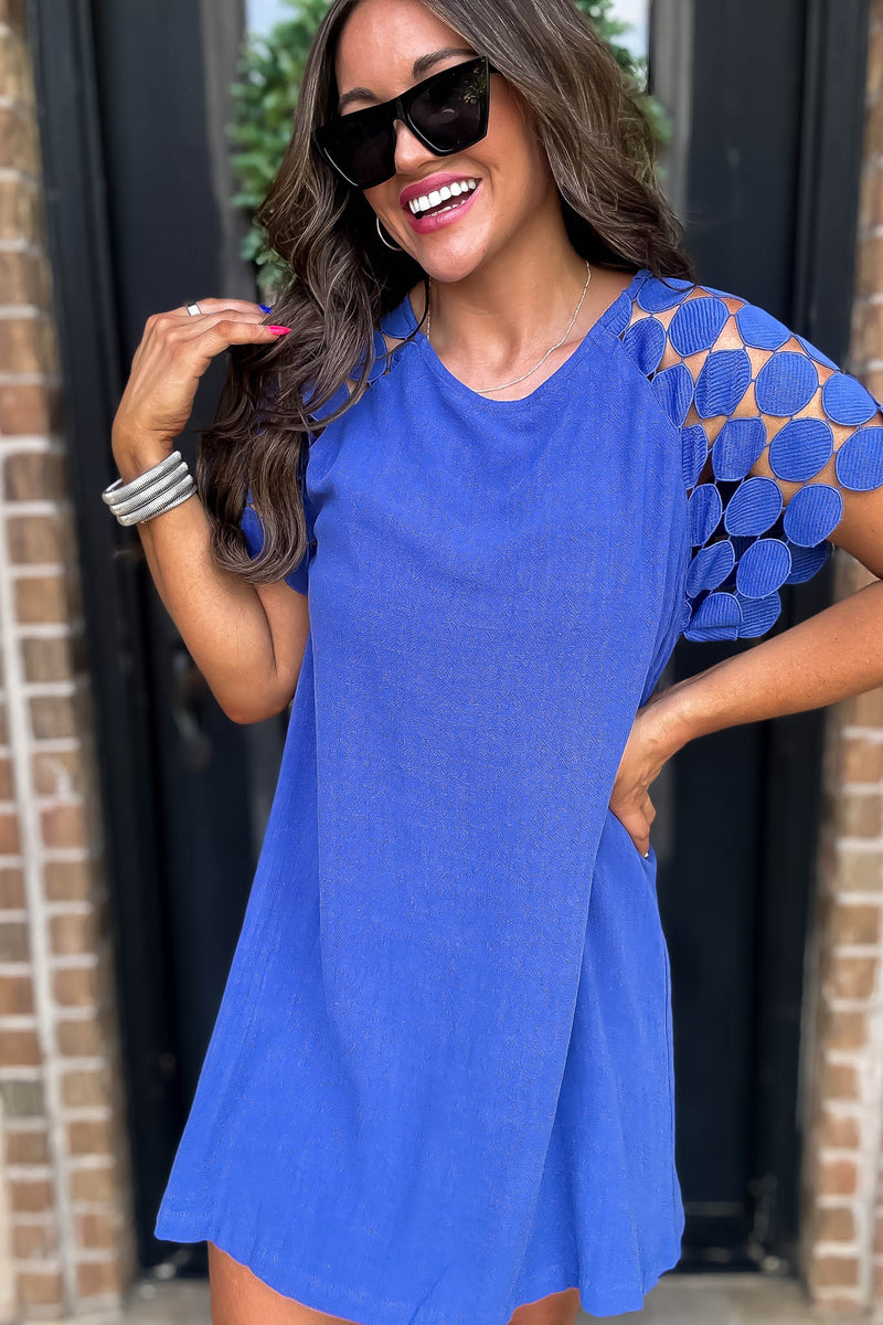Sapphire Round Neck Mini Dress with Textured Lace Fabric Raglan Sleeve