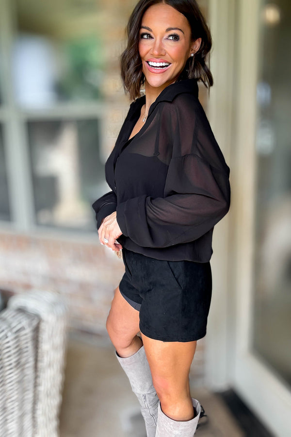 Le Lis Black Collared Drop Waist Detail Shirt Romper