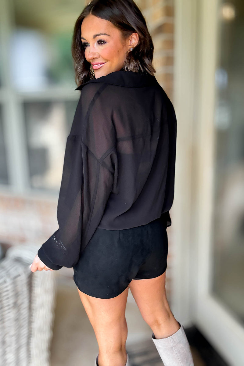Le Lis Black Collared Drop Waist Detail Shirt Romper