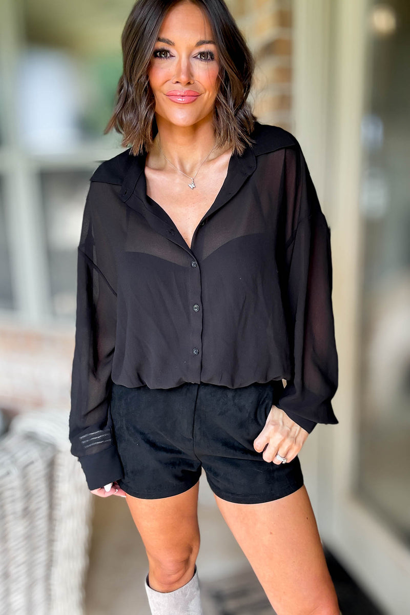 Le Lis Black Collared Drop Waist Detail Shirt Romper