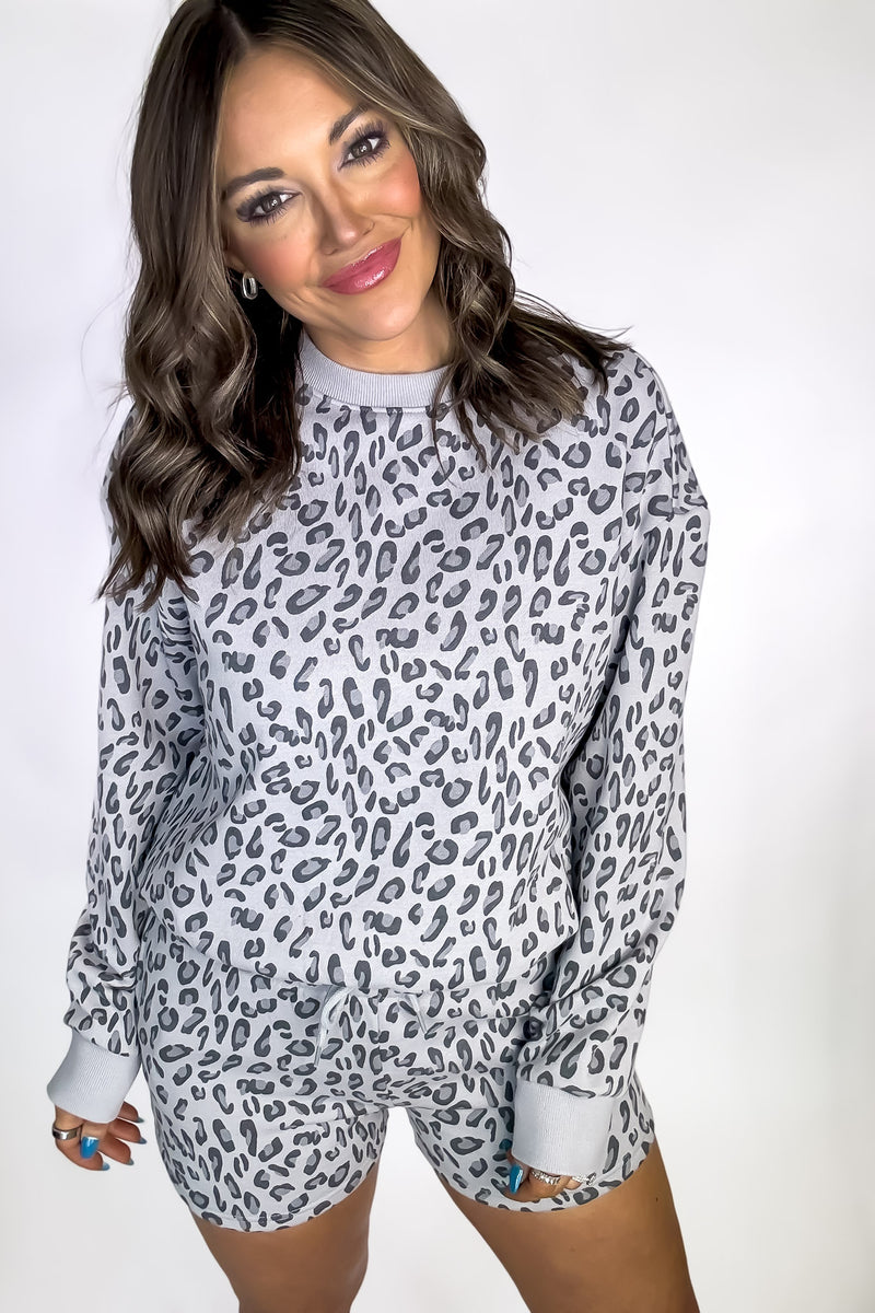Grey Leopard Fleece Animal Print Sweat Shorts