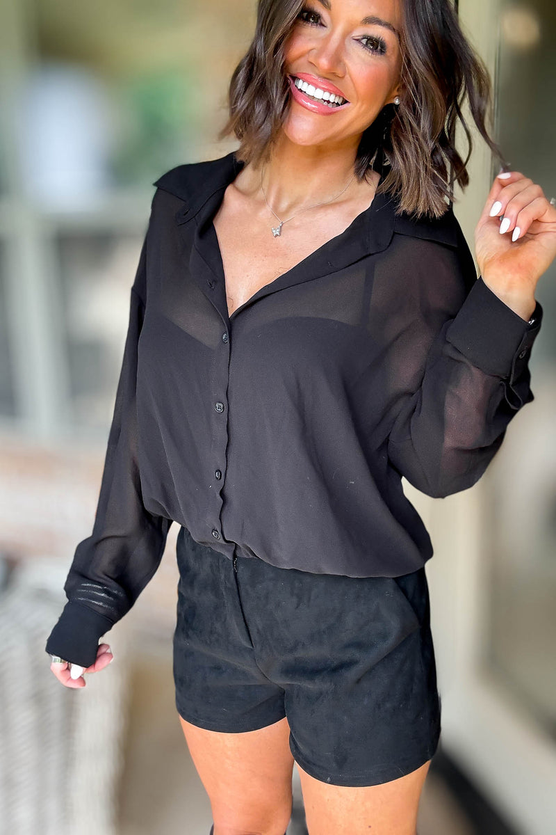 Le Lis Black Collared Drop Waist Detail Shirt Romper