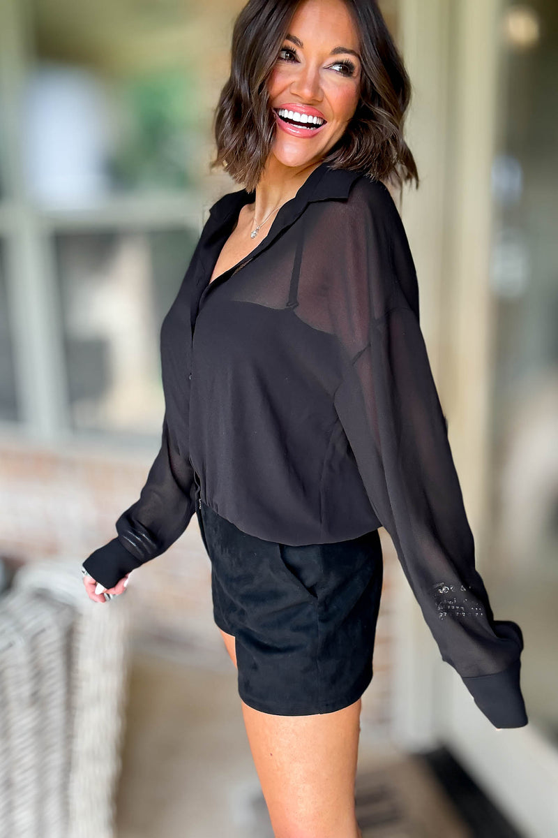 Le Lis Black Collared Drop Waist Detail Shirt Romper