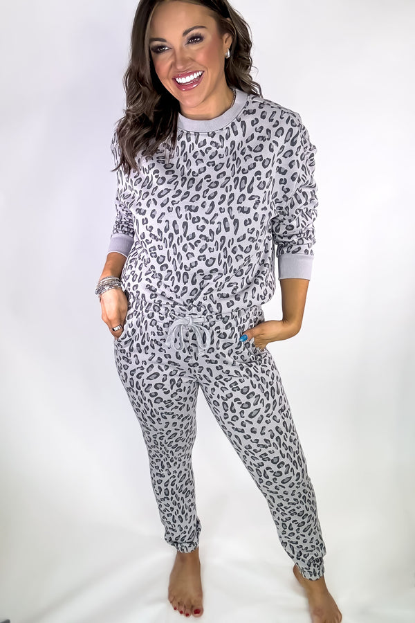 Grey Leopard High Waist Animal Print Fleece Sweatpants