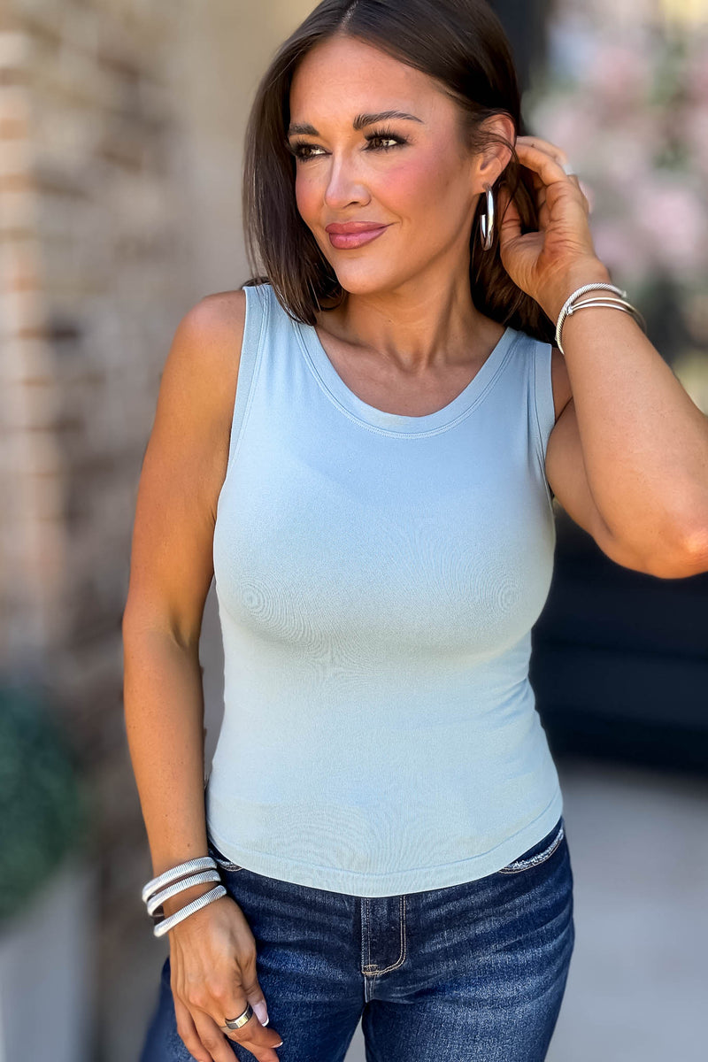 Love Tank Blue Grey Seamless Round Neck Tank Top