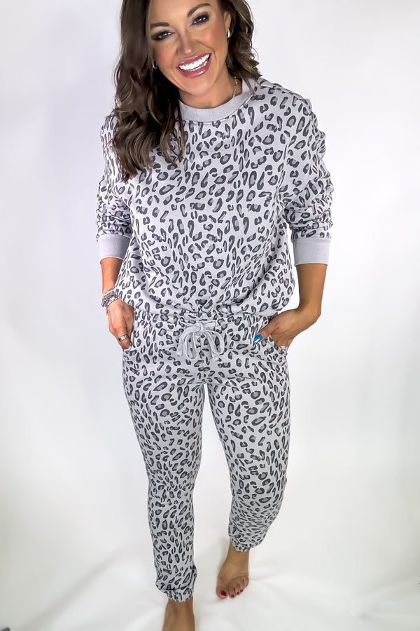 Grey Leopard High Waist Animal Print Fleece Sweatpants