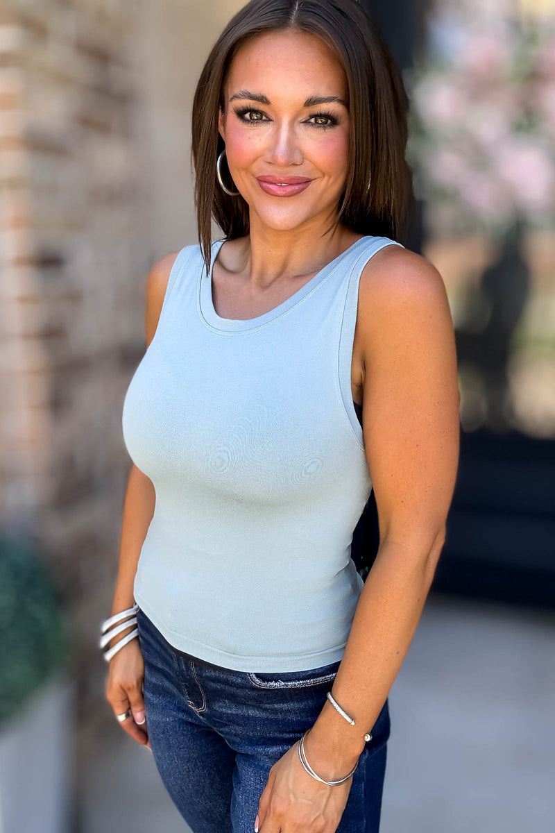 Love Tank Blue Grey Seamless Round Neck Tank Top