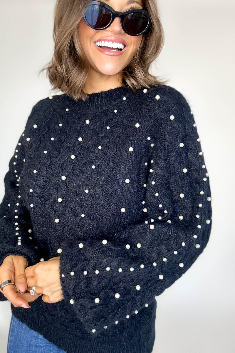 Black Pearl Detail Fuzzy Cable Knit Sweater