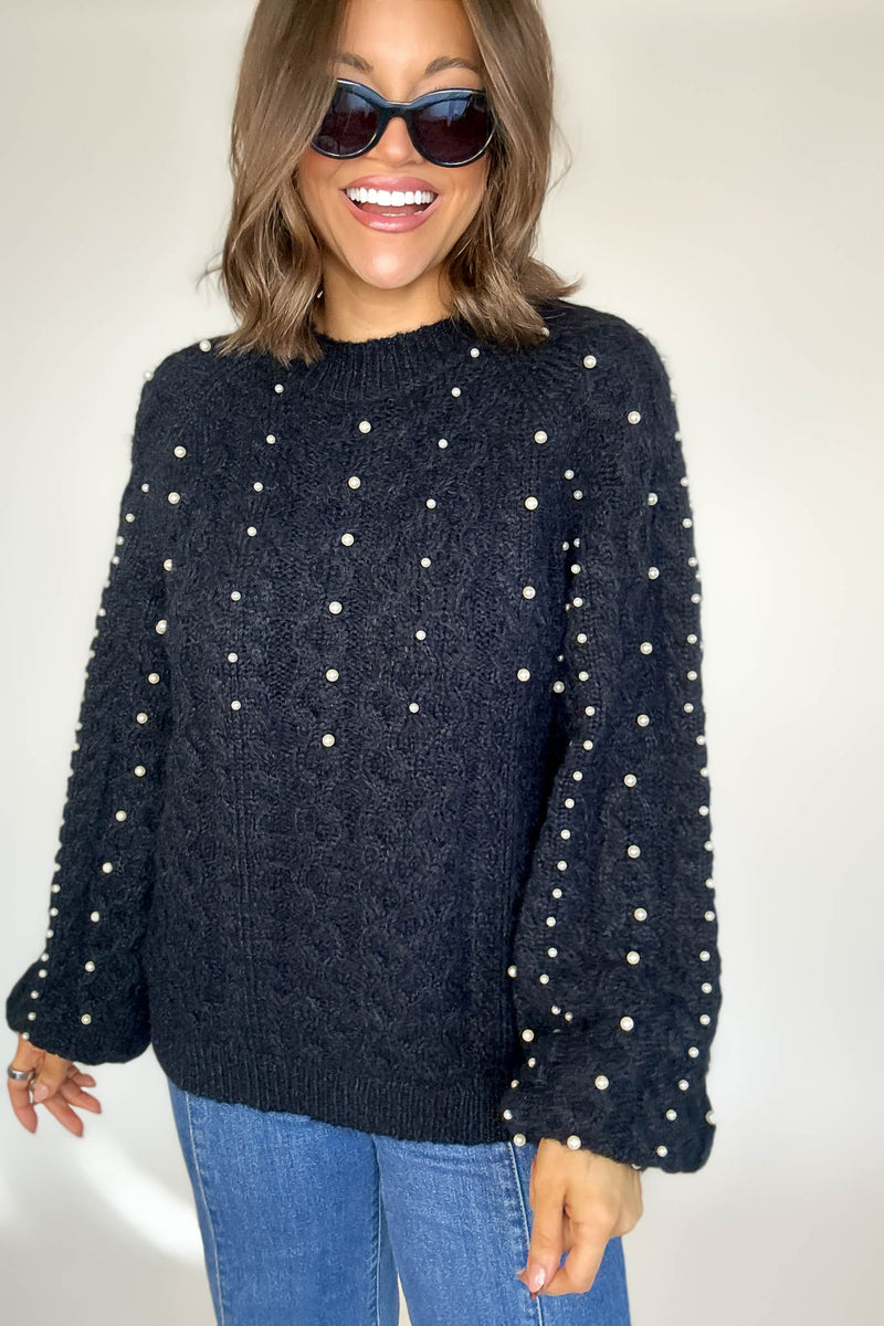 Black Pearl Detail Fuzzy Cable Knit Sweater
