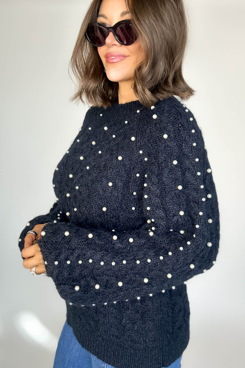 Black Pearl Detail Fuzzy Cable Knit Sweater
