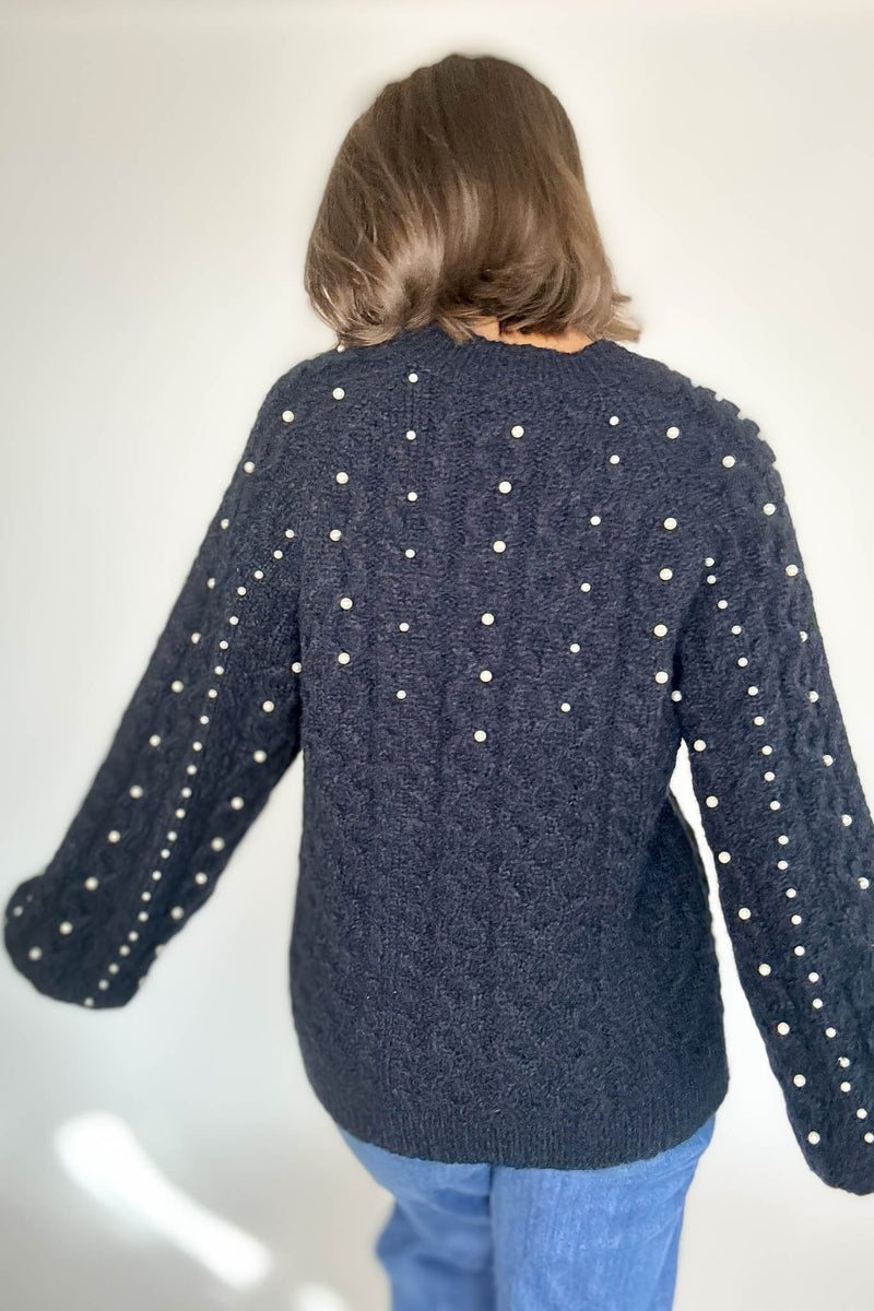 Black Pearl Detail Fuzzy Cable Knit Sweater