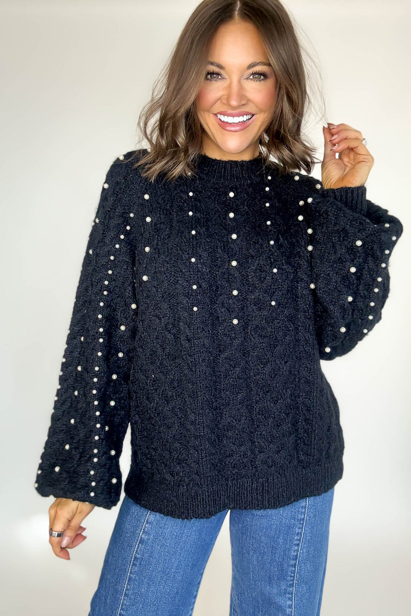 Black Pearl Detail Fuzzy Cable Knit Sweater