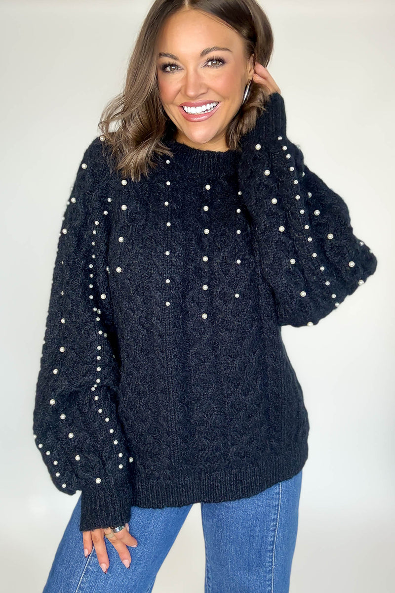 Black Pearl Detail Fuzzy Cable Knit Sweater