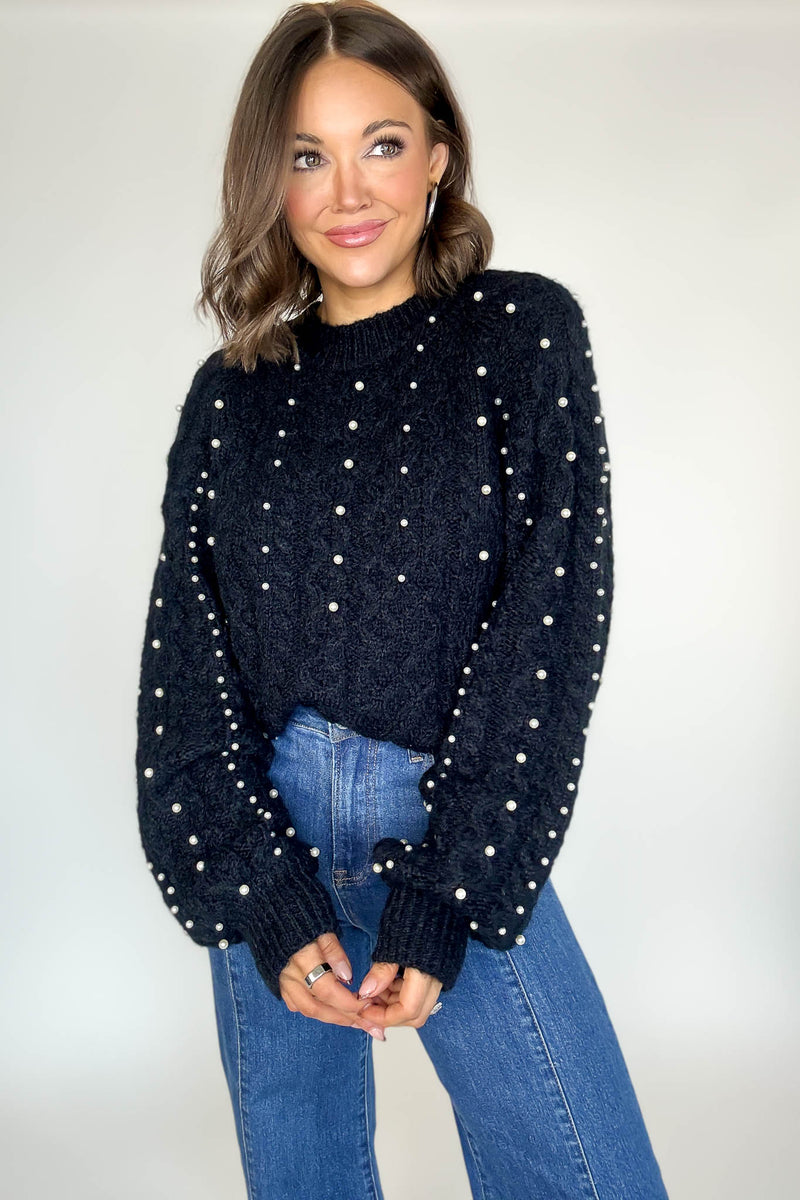 Black Pearl Detail Fuzzy Cable Knit Sweater