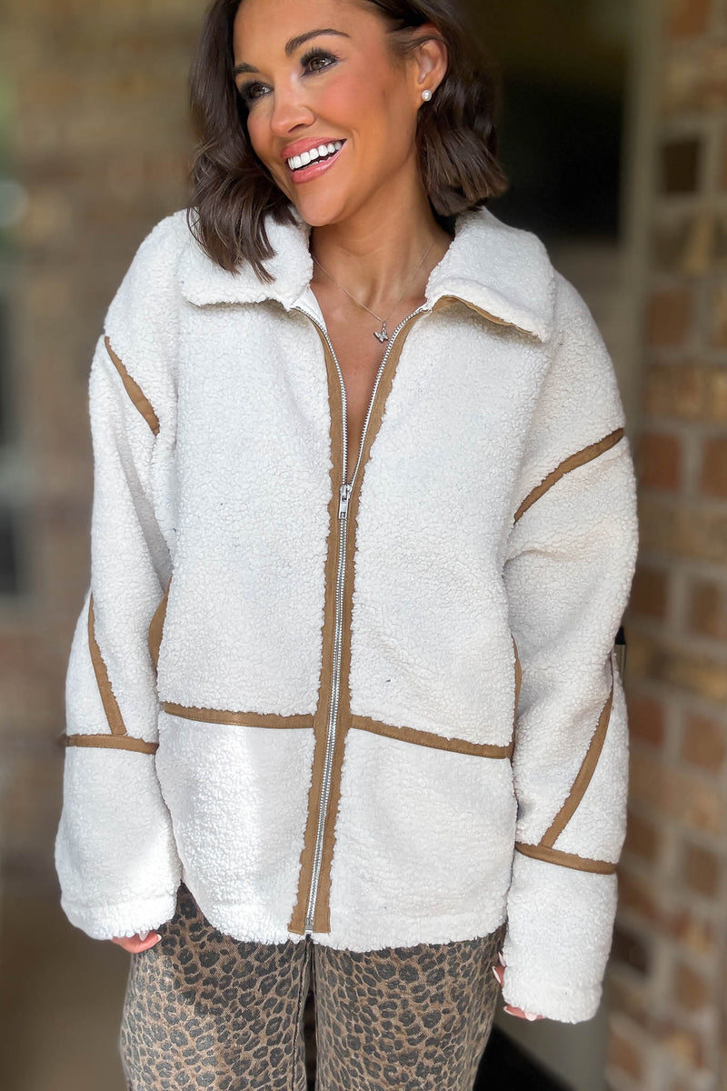 Le Lis Ivory Lapel Collar Jacket With Front Zip Closure