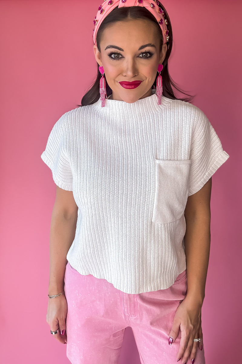 White Solid Knitted Mock Neck Top