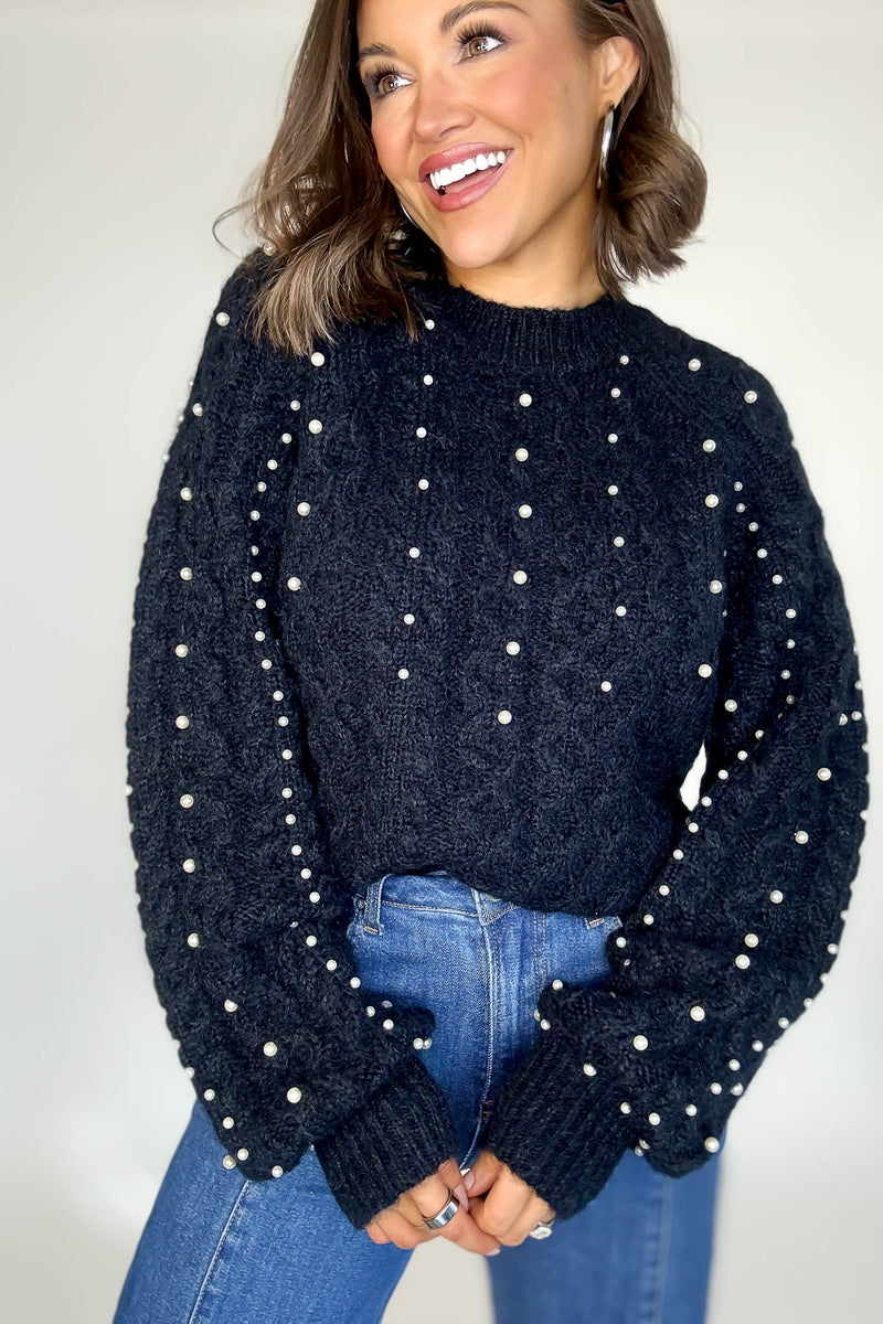 Black Pearl Detail Fuzzy Cable Knit Sweater