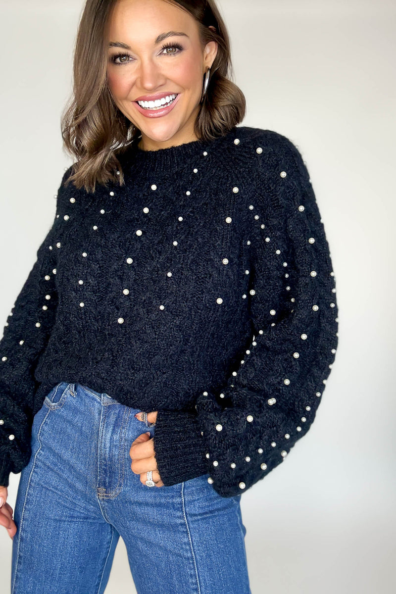 Black Pearl Detail Fuzzy Cable Knit Sweater