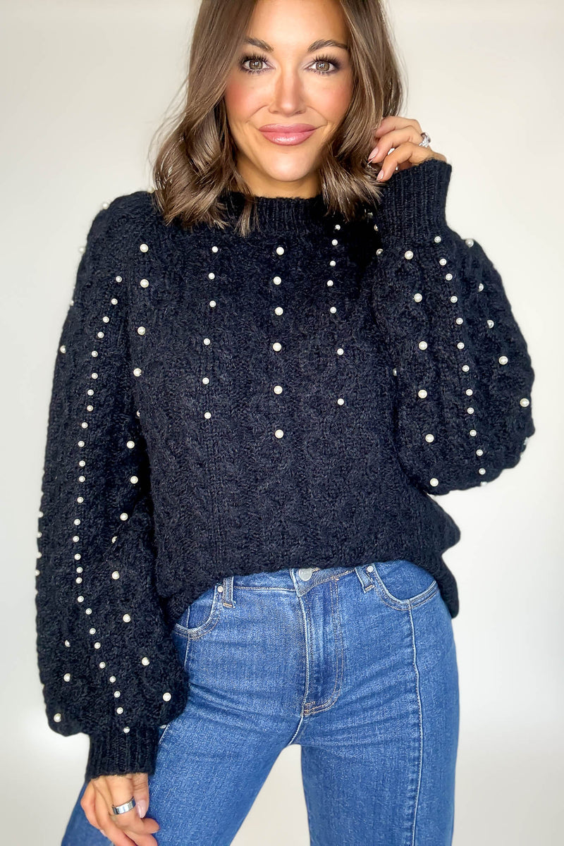 Black Pearl Detail Fuzzy Cable Knit Sweater