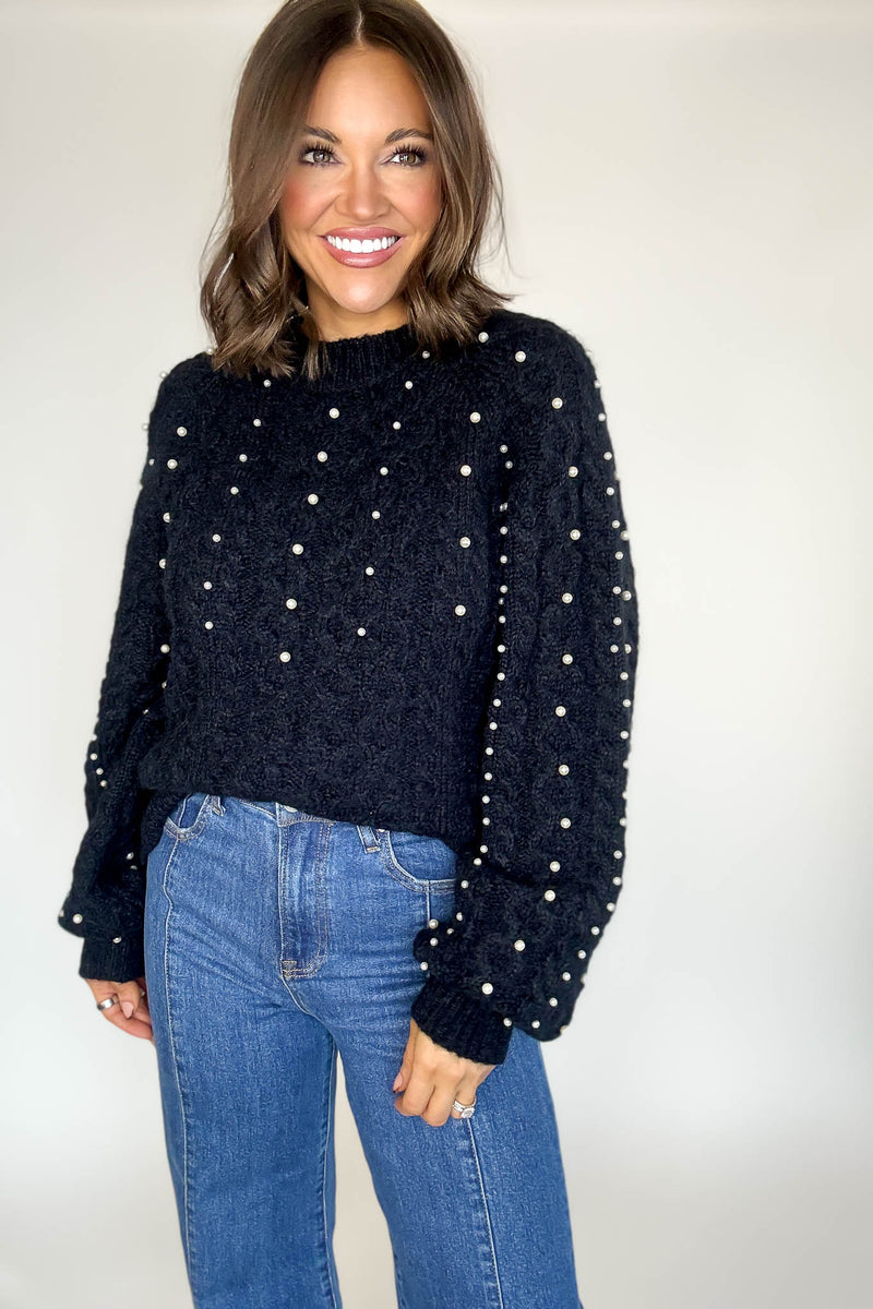 Black Pearl Detail Fuzzy Cable Knit Sweater