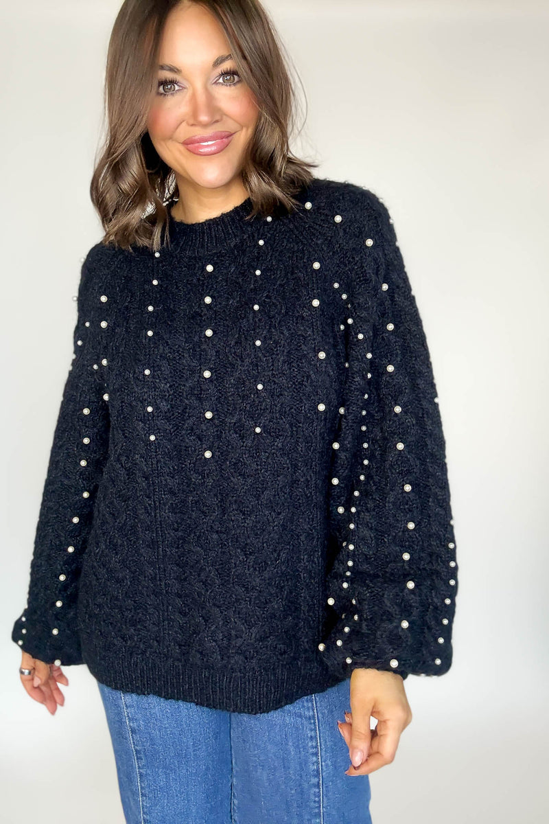 Black Pearl Detail Fuzzy Cable Knit Sweater
