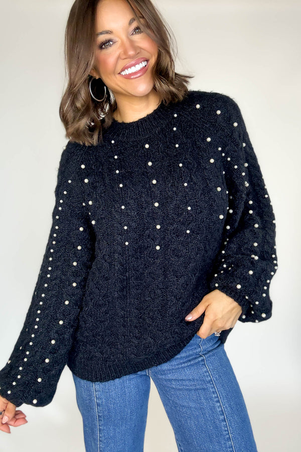 Black Pearl Detail Fuzzy Cable Knit Sweater